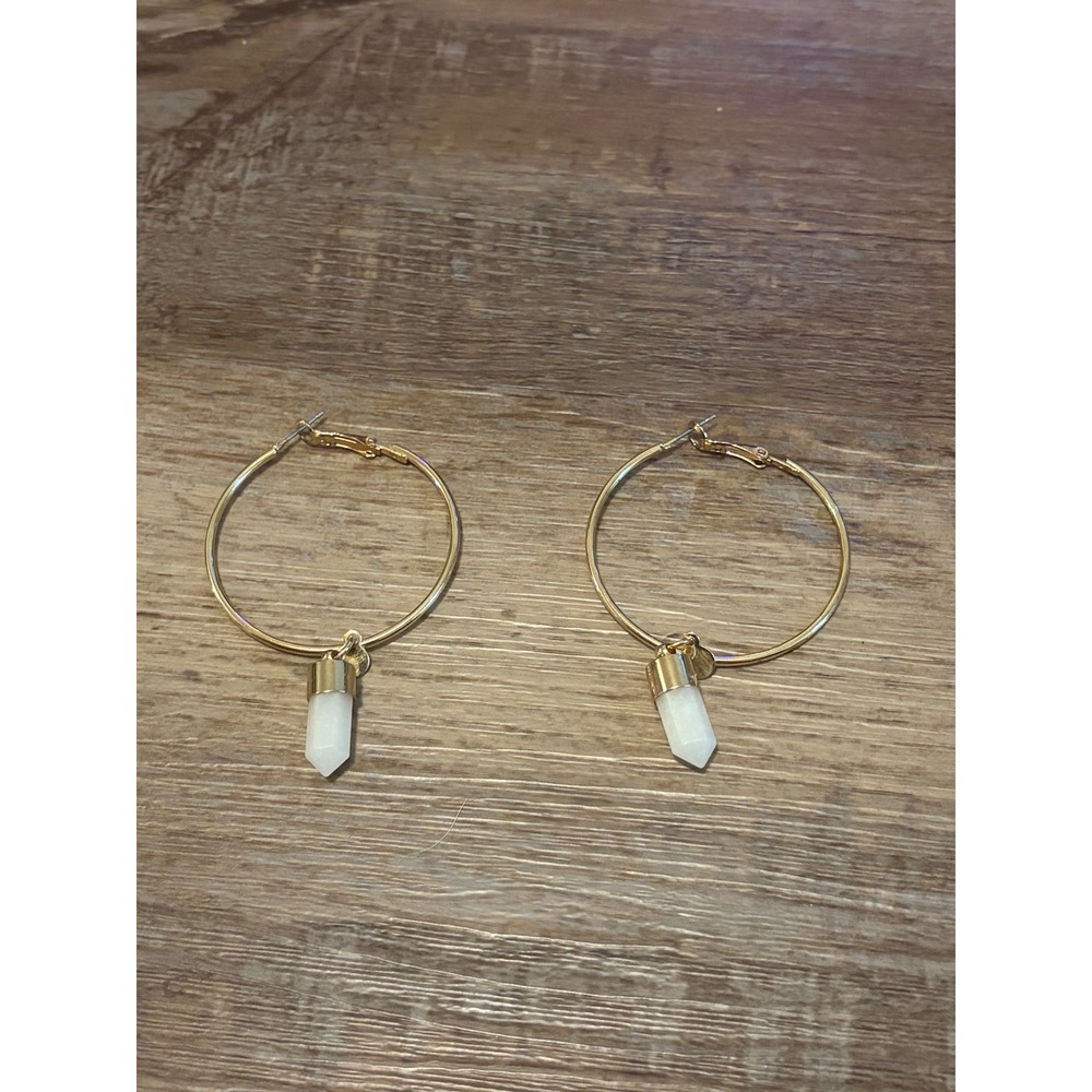 Gold Tone Hoop Earrings with White Crystal Point Charms Boho Minimalist Style